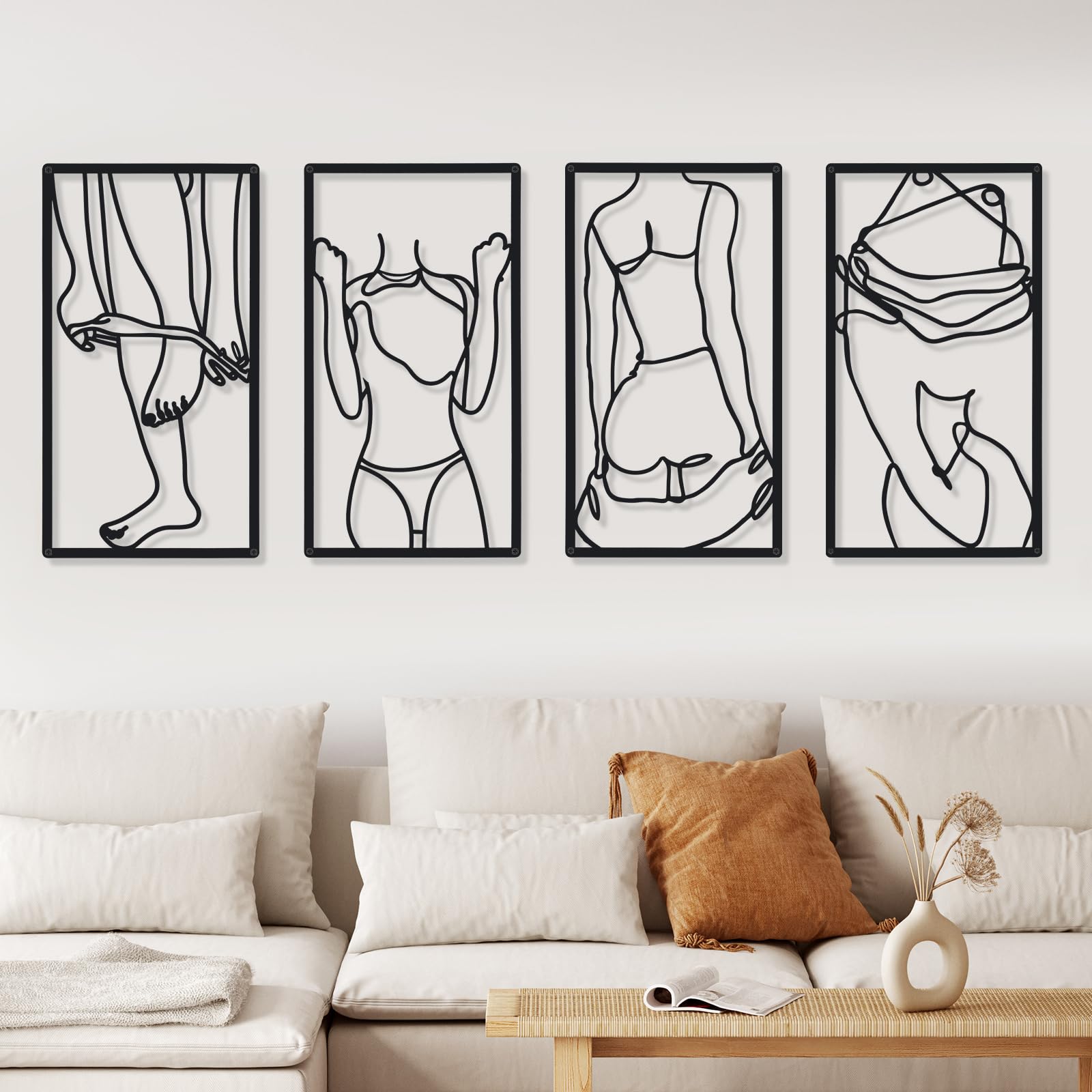 Cindeer 4 Pcs Metal Wall Art Decor Minimalist Abstract Woman Wall Art Line Drawing metal line art Home Hanging Art Decor for Bedroom Kitchen Bathroom Living Room(Classic,Black)