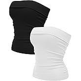 OLCHEE Womens 2PK Tube Tops Off Shoulder Seamless Ribbed Strapless Sleeveless Side Ruched Slim Fitted Summer Going Out Top