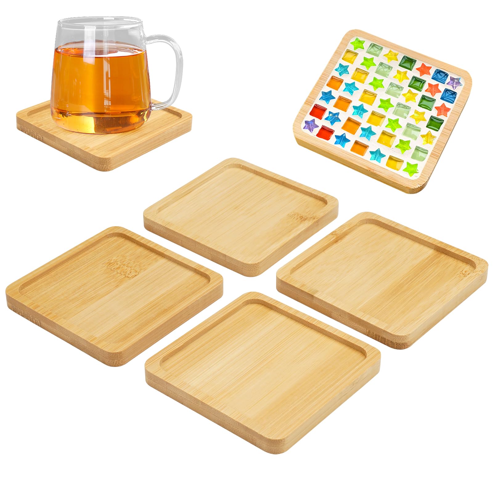 4 PCS Mosaic Bamboo Coasters, 9 cm Square Fillable Blank Mosaic Coasters Base, Small Bamboo Tray, for Drink, DIY, Home Office Decoration, Small Plant Trays