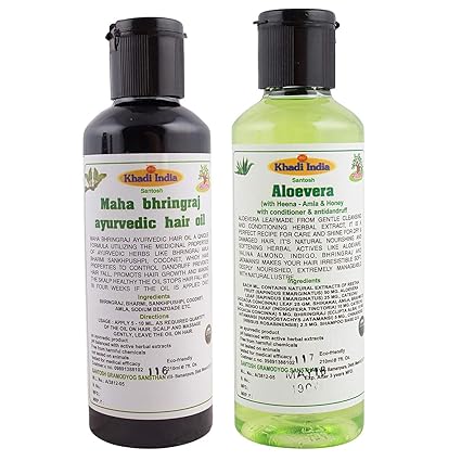 khadi india Mahabhringraj Ayurvedic Hair Oil & Aloevera Shampoo Combo pack of 2x210 ml.