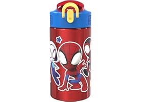 Zak Designs Marvel Spider-Man 18/8 Single Wall Stainless Steel Kids Water Bottle, Flip Straw Locking Spout Cover, Durable Cup for Sports or Travel (15.5oz, Non-BPA, Spidey and His Amazing Friends)