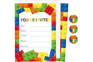 Wiooffen Children Boys Birthday Party Invitations Building Blocks Party Supplies, Stacking Block Bricks Invitation Cards Set with Sticker Labels Envelopes Birthday Decorations for 24 Guests