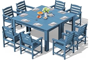 SERWALL Patio Dining Sets for 8, Outdoor Dining Sets for 8 Person with 2 Umbrella Hole Cut-Out Rectangular Tables and 8 Chairs, HDPE Dining Sets for Garden, Backyard, Poolside, Blue
