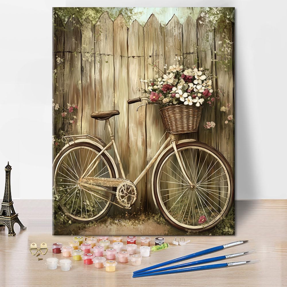 TISHIRON Paint by Numbers for Adults, Vintage Bicycles Adult Paint by Number Kits on Canvas, Bicycle Filled with Flowers DIY Painting Kit on Canvas, Painting by Number Arts Home Decor, 40X50 cm