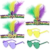 hhdatc 6 Pcs Mardi Gras Accessories Feather Headband for Woman, Heart Shape Sunglasses Set Purple Yellow Green Glitter, Feather Sequin Fascinators for Masquerade Party Carnival Cocktail