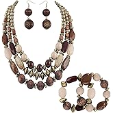 Bocar 3 Layer Chunky Statement Beaded Necklace Set with Earrings Bracelet Fashion Multi Layer Women Collar Necklace (NK-10625-Brown+er+br)