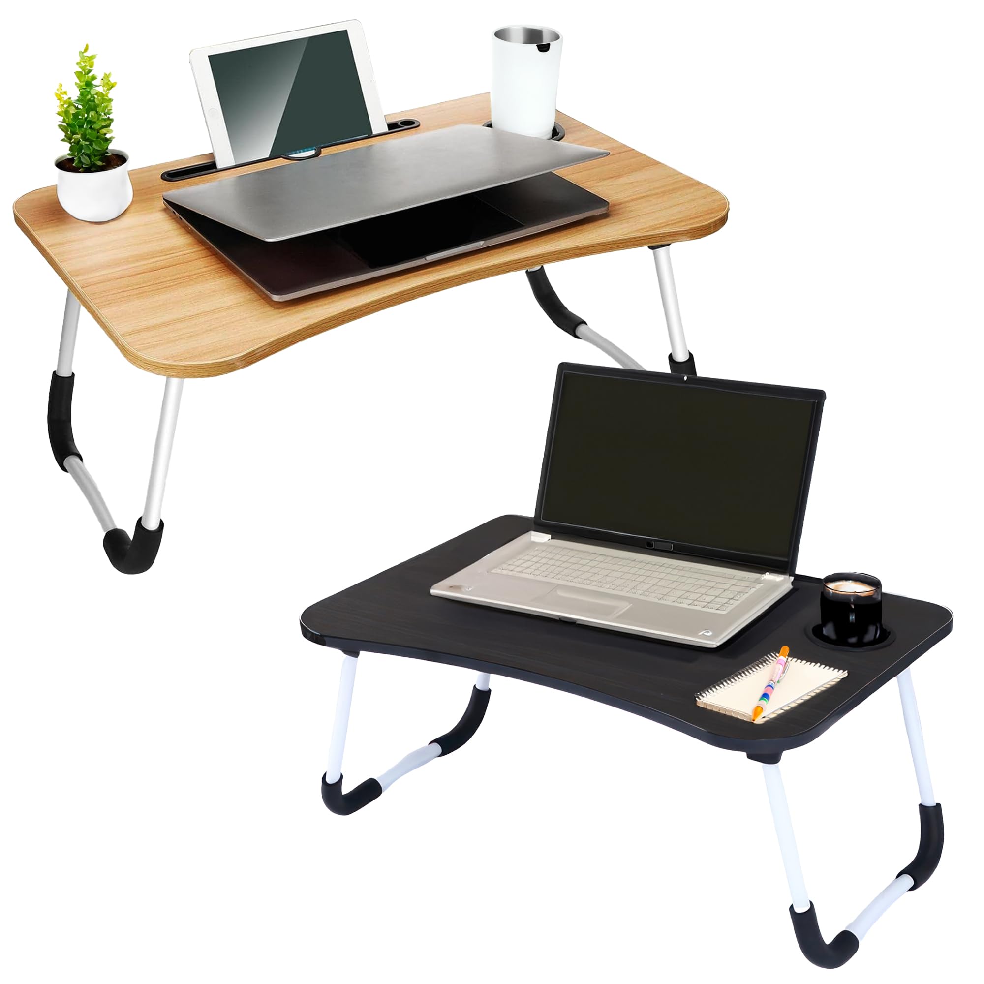 2-Pack Large Lap Desk for Bed & Sofa with Cup Holder & Foldable Legs Laptop Table, Breakfast Serving Tray, Tablet Phone Groove, Foldable Legs