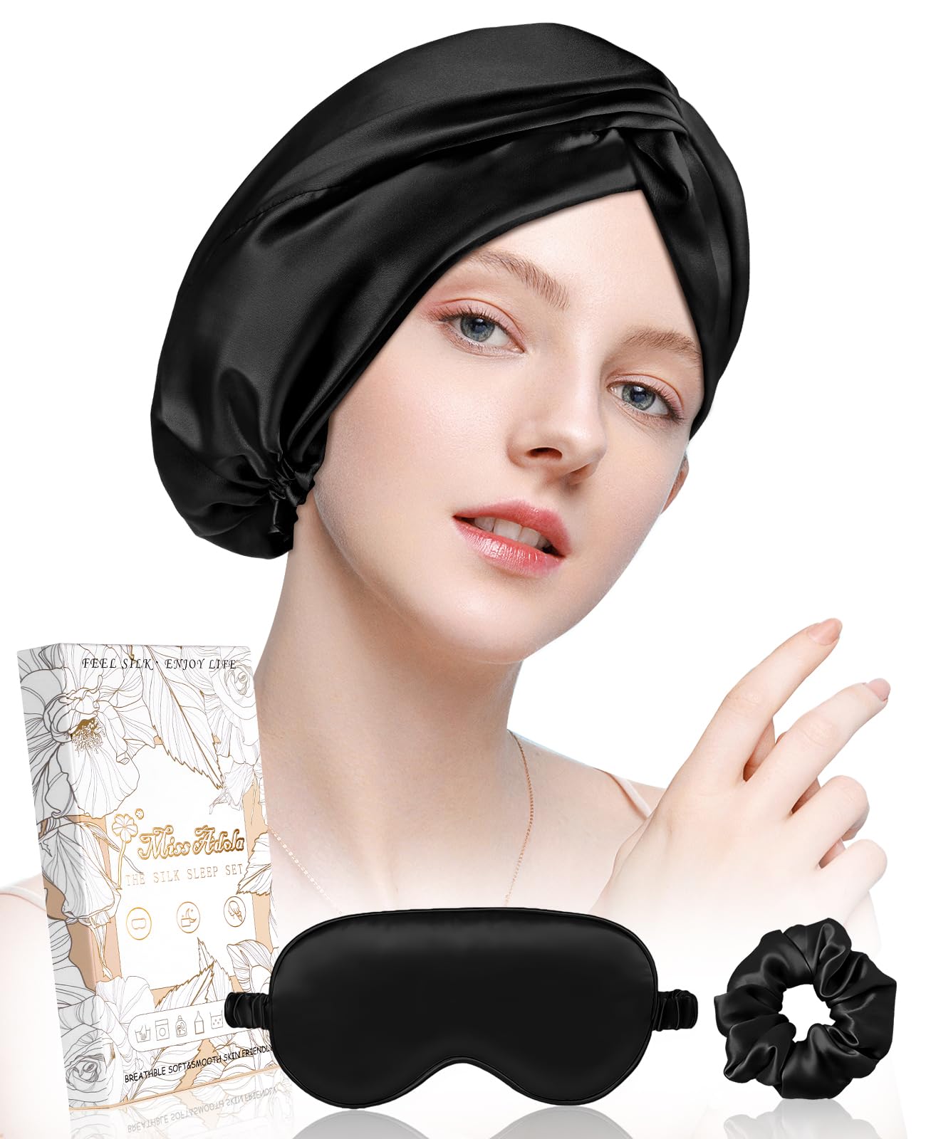 Miss Adola Silk Bonnet for Sleeping Women - Mulberry Hair Bonnet for Curly Hair 19 Momme Sleep Cap with Scrunchie & Eye Mask Night Cap with Elastic Stay On Head, Dark Black