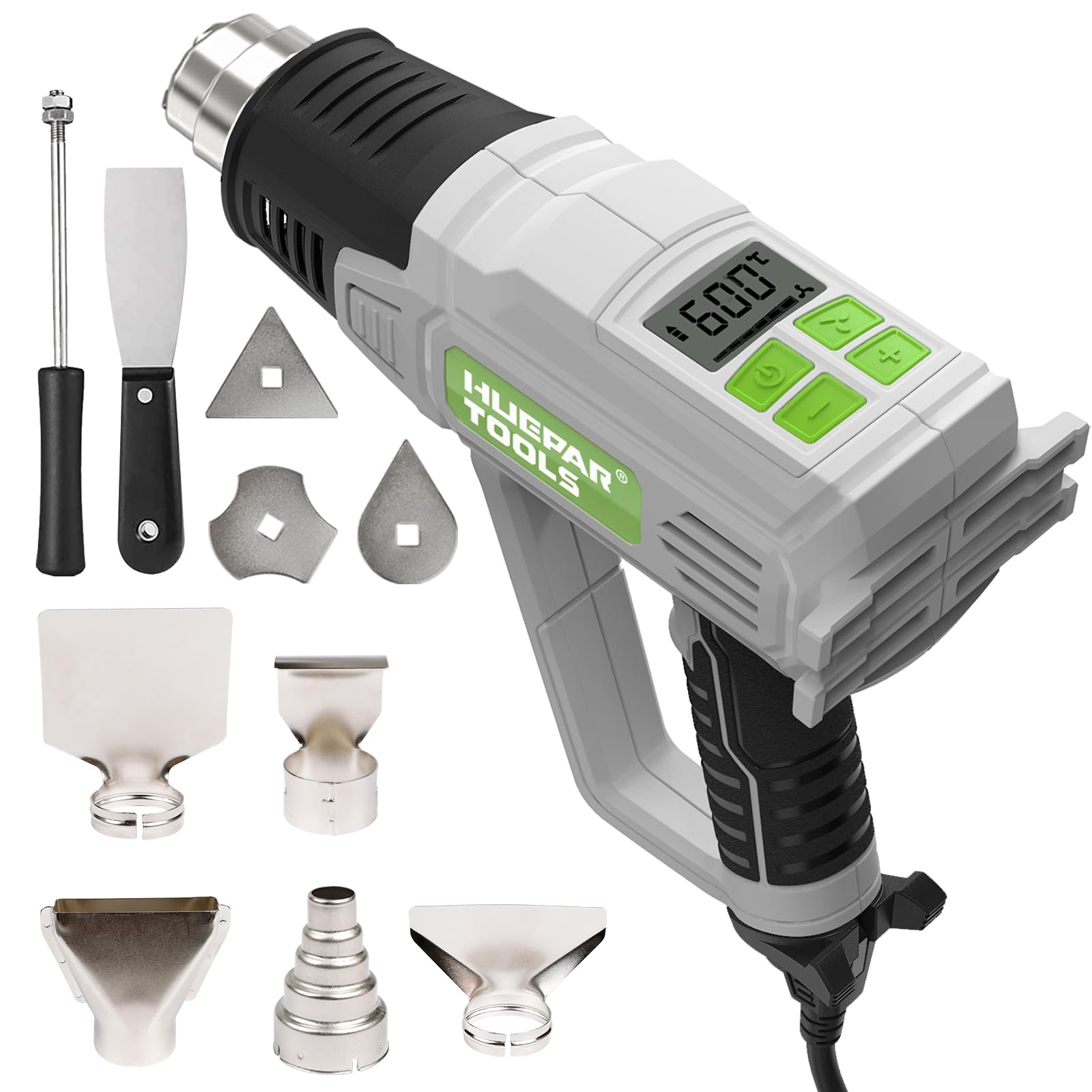 Huepar Tools Heat Gun for Paint Stripping, 2300W Hot Air Gun 50℃-660℃ with Large Digital LCD Display, Variable Temperature Control, Memory Function, Heat Gun for Crafts with 10 Nozzles and Accessories