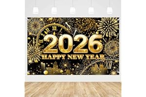 MEHOFOND 2026 Happy New Year Backdrop, Black and Gold New Year Eve Banner, Fireworks City Cheers to 2026 Winter Party Decor, Hello 2026 Glitter Dots Photo Background Cake Smash Photo Prop