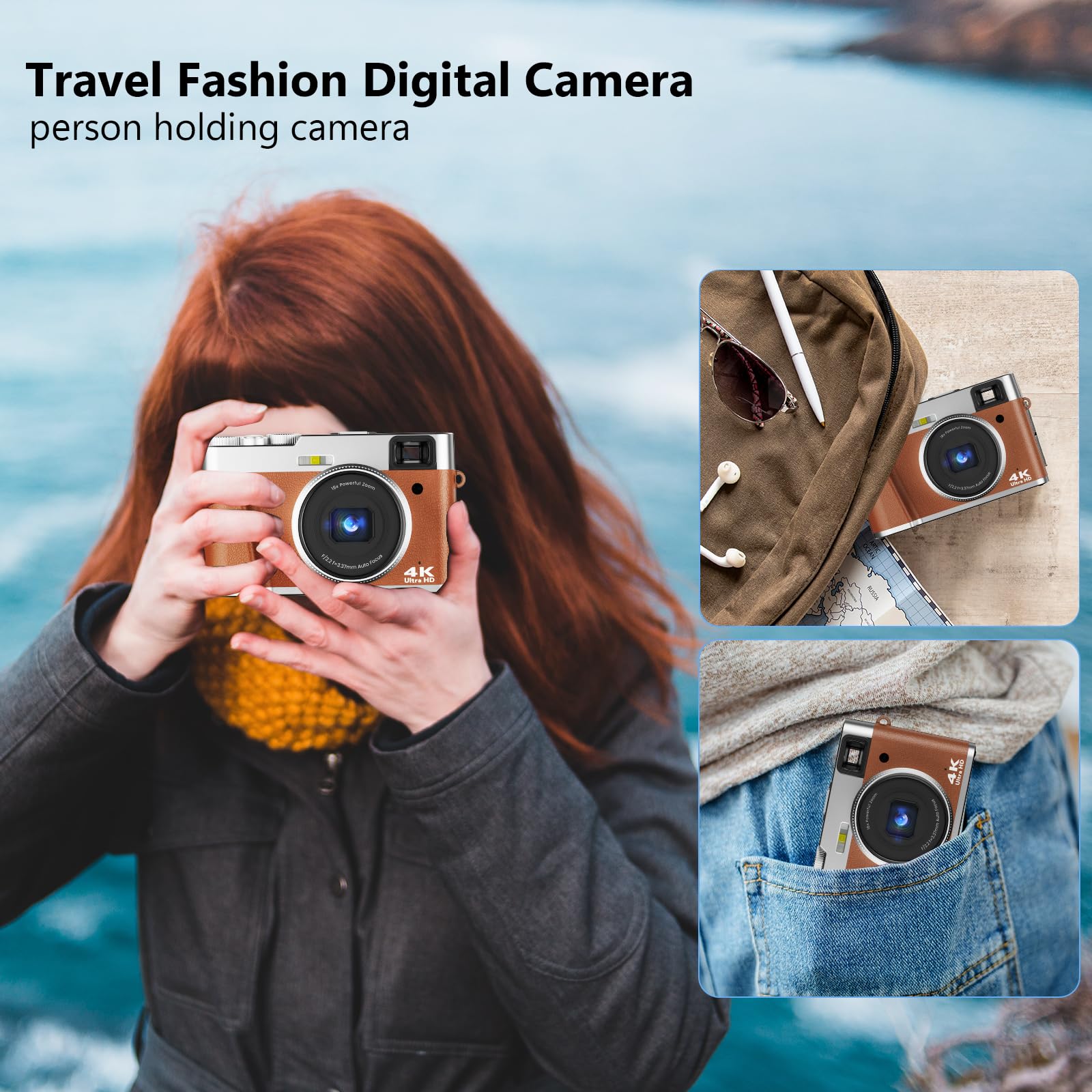 4K Digital Camera, Photography Autofocus 48MP YouTube Vlogging Camera, 16X Digital Zoom Video Camera Anti-Shake with 32GB Micro Card, Compact Point and Shoot Travel Cameras for Gifts(Brown)