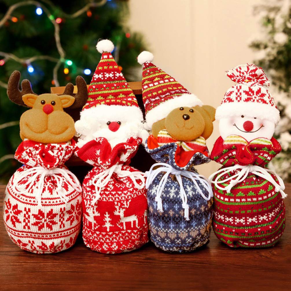 NUOBESTY 4PC Knitted Christmas Candy Bags Christmas Drawstring Gift Bags Snowman Doll Cookie Candy Bag for Kids Xmas Holiday Party Favors Pouch Goody Bags (Little Bear+ Snowman+ Elk+ Santa Claus)