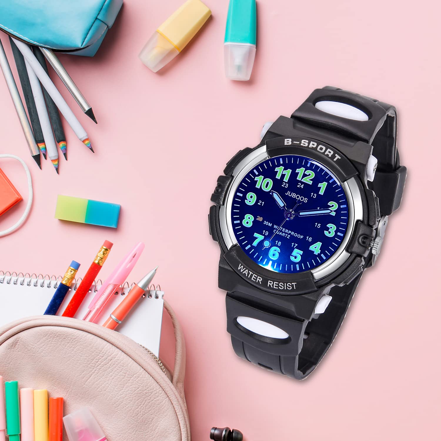 DTKID 7 Colorful Lights Children's Watch Boys Girls, Kids 30 M Waterproof Analog Watches Soft Rubber Band, Easy to Read Dial Time Lessons Wristwatch Children 5-18 Years Old