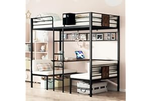 Mixcous Twin Over Twin Bunk Bed, Convertible Twin Bunk Bed w/Desk & Storage & 2 Seat, Heavy Duty Metal Twin Loft Bed Frame with Safety Guardrails & EVA Padded Ladder for Teens(Cushion not Included)