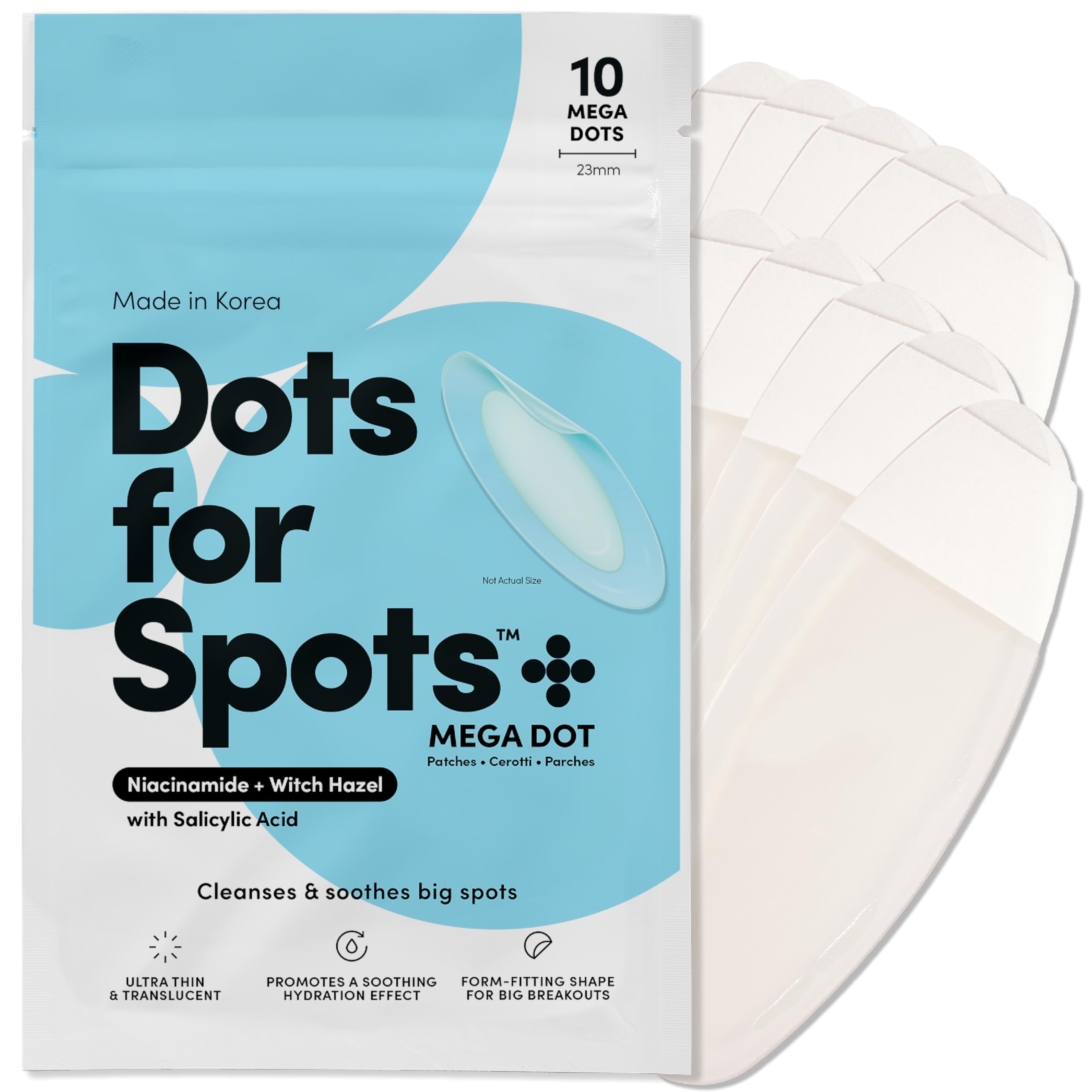 Dots for Spots Mega Spot Patches - Pack of 10 Fast Acting Spot Treatment Stickers Infused With Niacinamide and Salicylic Acid - Perfect For Back, Chin or Chest