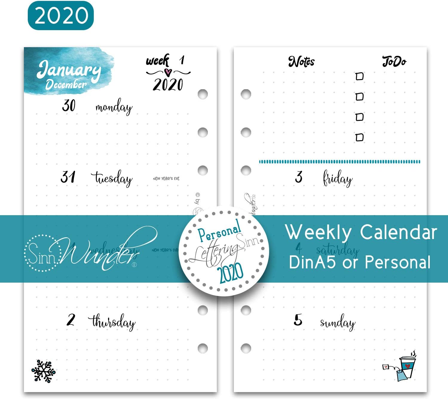SinnWunder 2020 Premium - Calendar Refill - Weekly View with 1 Week on 2 Pages - LetteringSinn - Personal Size