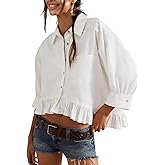 InterNos Womens Striped 3/4 Sleeve Blouse Loose V Neck Button Down Ruffled Hem Vertical Shirt Top with Pocket