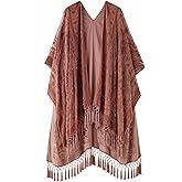 WeHello Women's Burnout Velvet Kimono Long Cardigan Cover Up With Tassel