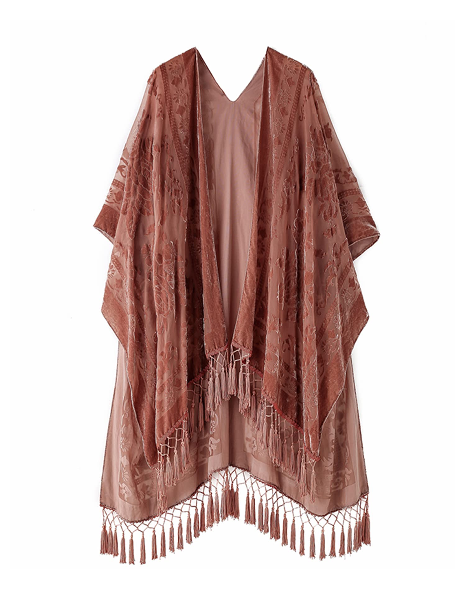 Photo 1 of *UNKNOWN SIZE* WeHello Women's Burnout Velvet Kimono Long Cardigan Cover Up Without Tassel (Autumn Leaf)