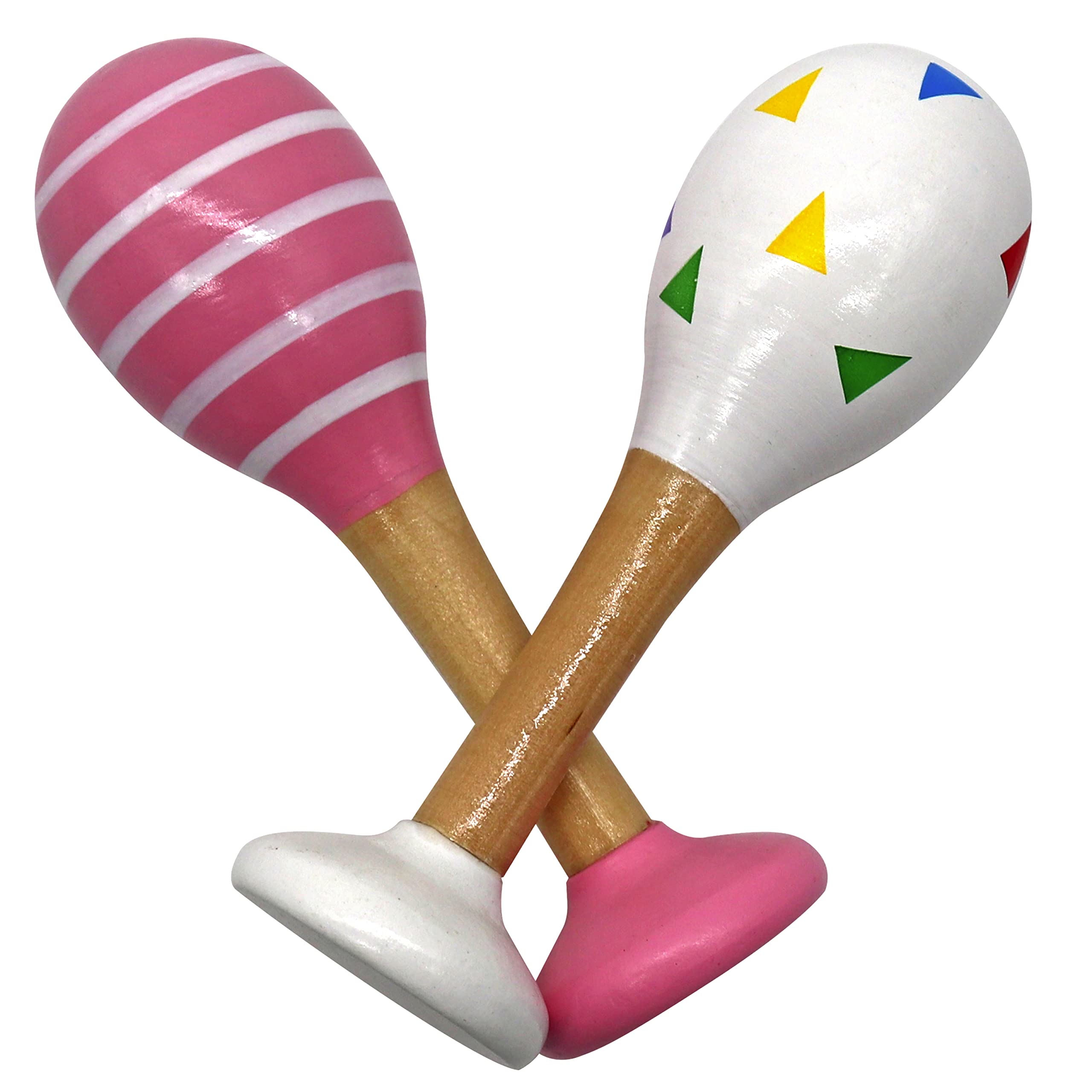 PREMYO Baby Rattle Maracas - Wooden Musical Instruments for Toddlers - Newborn Sensory Toys - Triangles Stripes Pink