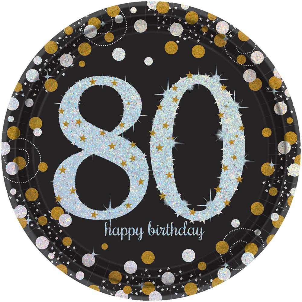 Polka Dot Round Prismatic Paper Plates with 80th Birthday Design,23cm - 8 Pcs.