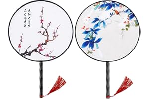 Whaline 2 Pack Chinese Round Fan Ancient Hand Fans Translucent Silk Hand Held Fans Vintage Double-Sided Pattern Pink Blue Traditional Palace Paddle Dance Fan For Wedding Favor Gift Home Decor