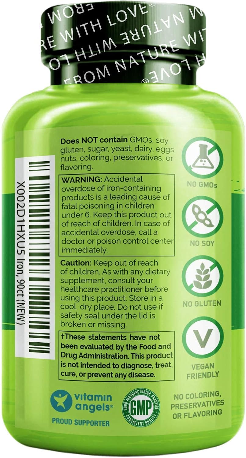NATURELO Vegan Iron Supplement with Whole Food Vitamin C - Best Natural Iron Pills for Women & Men w/Iron Deficiency Including Pregnancy, Anemia and Vegan Diets - 90 Mini Capsules: Health & Personal Care