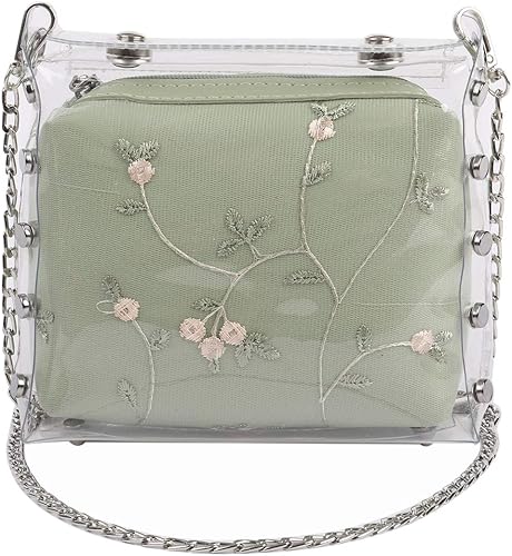 Amazon エンジェルムーン Pvc バッグ レディース ショルダーバッグ 刺繍 斜めがけ 花柄 オーガンジー ハンドバッグ ママ マザー マザーズ マザーズバッグ ミセス ガールズ ガーリー ガール デザイン 金具 出張 パーティー ショルダーひも グリーン Angelmoon