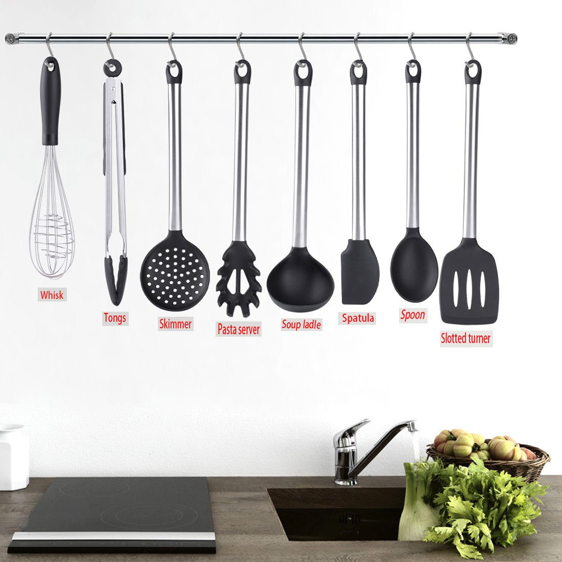 Cooking Utensils, Wifond Kitchen Utensils Set, 8-piece Silicone Stainless Steel Cooking Tools, Gadgets Set - Tongs, Spatula, Slotted Turner, Soup Ladle, Skimmer, Spoon, Pasta Server, Whisk
