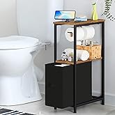 Toilet Paper Holder Stand Freestanding Bathroom Storage Cabinet for Small Spaces, Slim Toilet Storage Cabinet with Towel Rack & Fabric Drawer, Hold up to 11 Rolls of Paper, Rustic Brown & Black