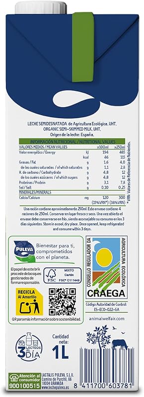 ECO - Leche Ecológica Semidesnatada BIO - Bienestar Animal - Brik UHT Pack 6 x 1L