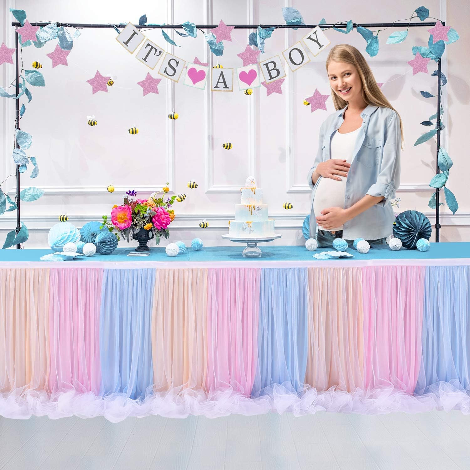 Tulle Table Skirt Ruffle Tutu Table Cloth,Pink-White-Blue-Grey LED Table Skirt for Rectangle Table for Baby Shower Wedding, Birthday Party Decoration (Rainbow, L 14(ft)*H 30in)