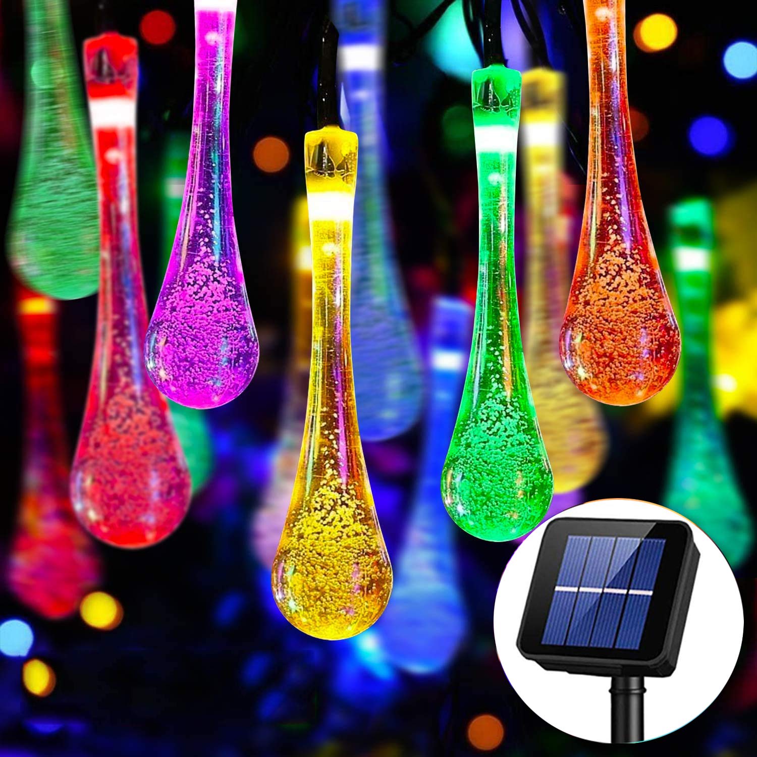 Solar String Lights Outdoor, 30 LED 6M/20Ft Raindrop Solar Powered Fairy Lights Waterproof 8 Modes Multicolour Festival Decorative Lighting for Garden Patio Home Fences Party Yard[Energy Class A+++]