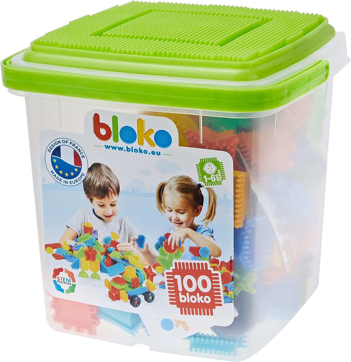 BLOKO - Storage barrel of 100 with 1 Play Plate (Green) - From 12 Months - Made in Europe - Construction toy 1st age - 503553