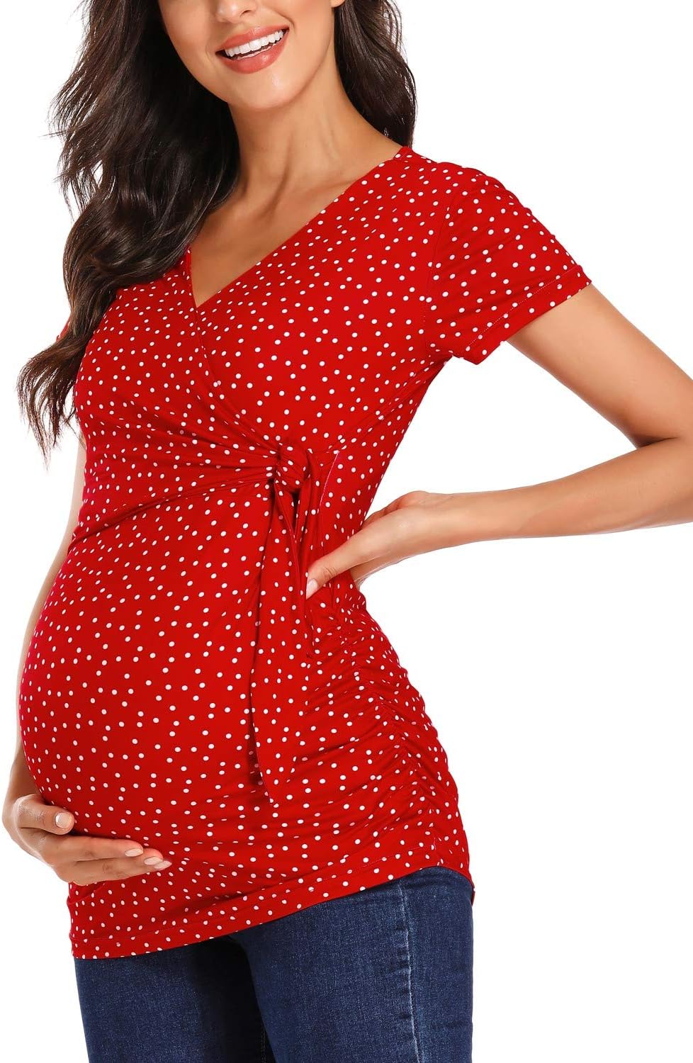 Glampunch Women's Maternity Shirts Short & Long Sleeve Tie Front Wrap Maternity Tops