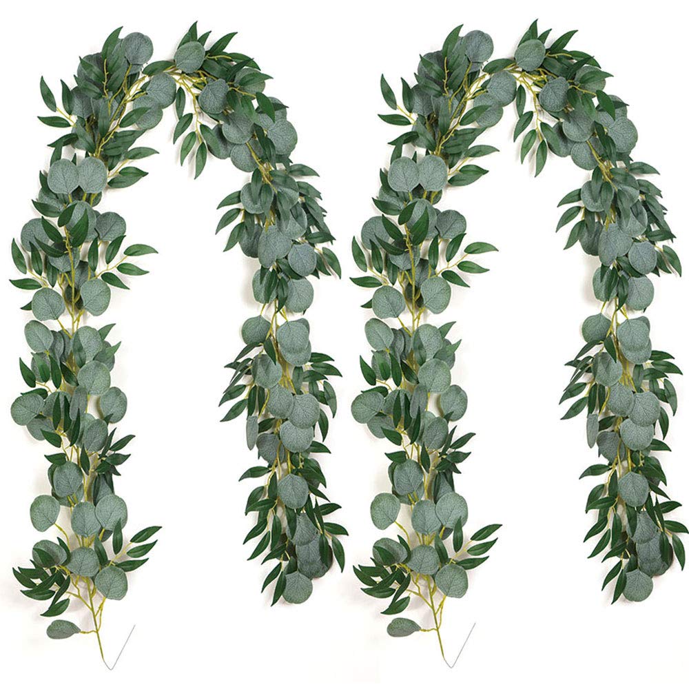 2 Pack Artificial Eucalyptus and Willow Leaves Garland Greenery Faux Eucalyptus Vines for Table Centerpiece Wedding Backdrop Holiday Season Indoor Outdoor Arch Wall Decor