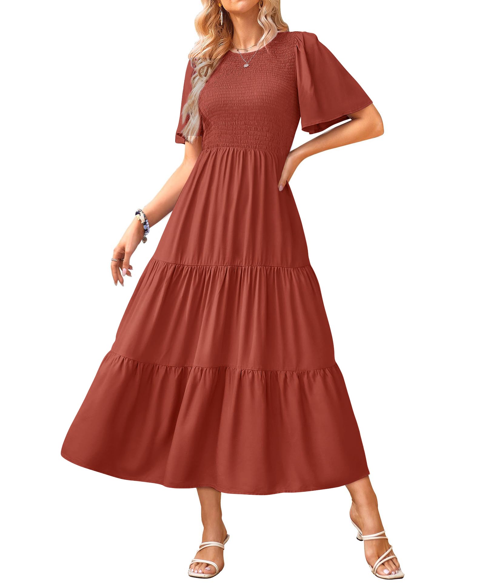 KIRUNDO Womens Fashion 2025 Spring Summer Casual Flutter Short Sleeve Midi Dress Smocked Tiered Aline Going Out Dresses(Brick Red, XX-Large)