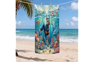 Ocean Doberman Dog Diving Beach Towel for Men Women Adults 35x70 Inch, Summer Puppy Sea Coastal Pattern Quick Dry Large Towel