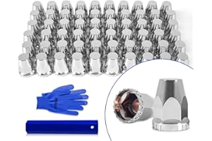 HQALTY 60Pcs Lug Nut Covers 33mm Flat Top Thread-on Nut Covers for Semi Trucks ABS Chrome Plastic Nut Covers with 1 Pair of Gloves and 1 Cover Puller