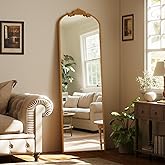 21"x 64" Arched Full Length Mirror, Freestanding Floor Mirror with Carved Metal Frame & Bottom Art Carved, Gold Full Body Mirror for HomeDecor, Halling Wall Mirror with Vintage Ornate Carved Accents