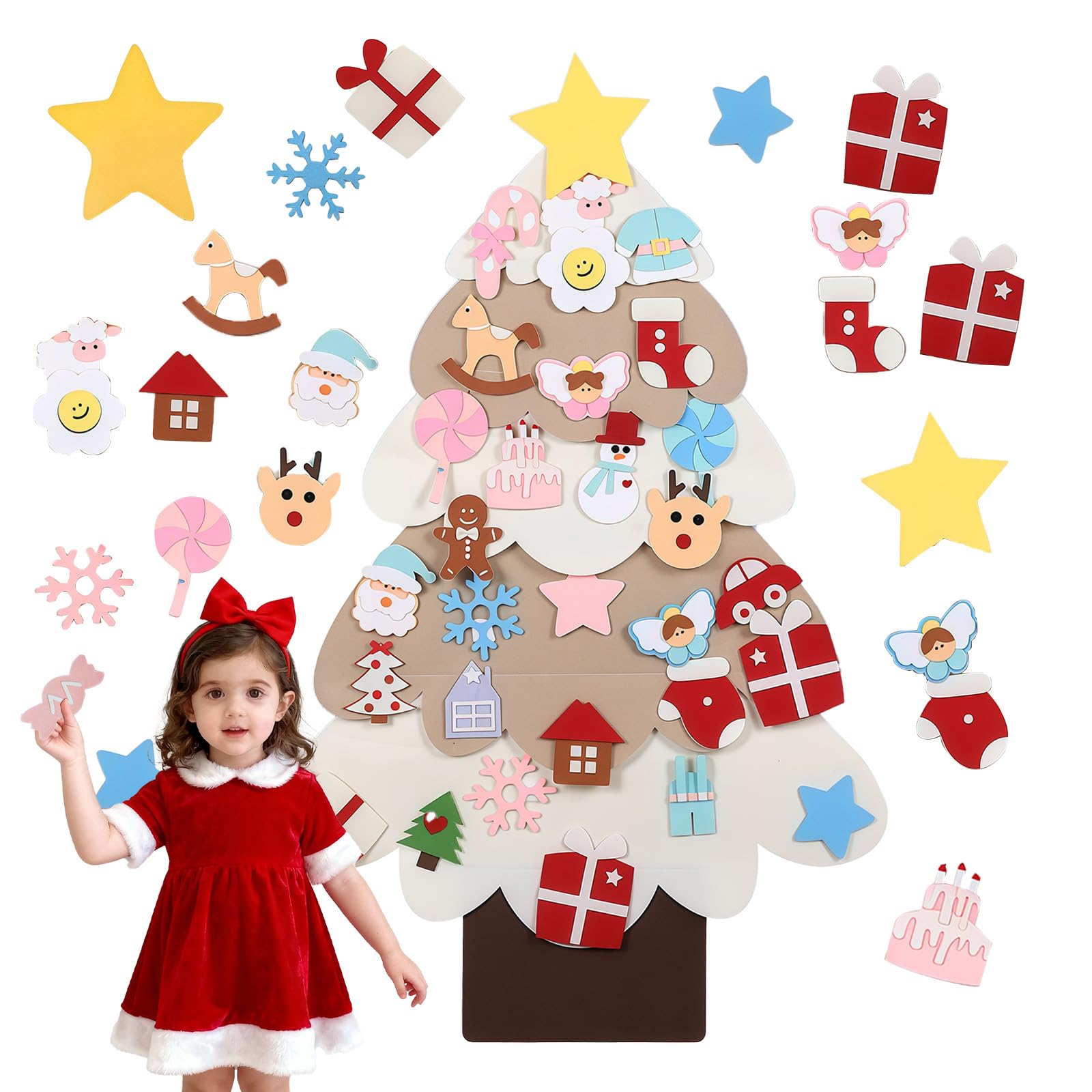 DIY Felt Christmas Tree for Kids Toddler,3.28ft Interactive Montessori Funny Felt Christmas Tree Decorations,White Xmas Tree with 30 Ornaments for Kids Xmas Gift Home Door Wall Window Hanging ﻿