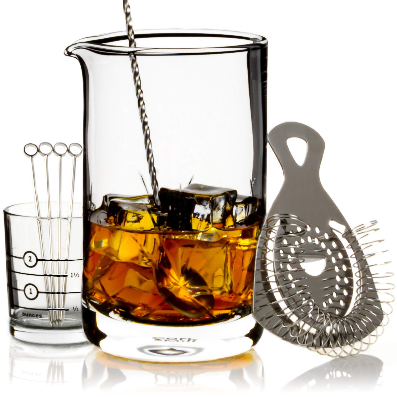 Cork & Mill Cocktail Mixing Glass, Old Fashioned Kit, Large 24 oz Crystal Cocktail Mixer for Bartenders, 9-Piece Home Bar Accessories Set for Manhattans and Other Whiskey Drinks