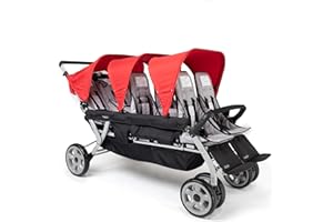 Gaggle by Foundations Jamboree 6 Seat Multi-Child Stroller with UV Blocking Canopies | Reclining Seats | 5-Point Safety Harness | Compact Fold for Daycares, Parks & Travel | Red