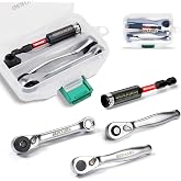 GEINXURN Mini Ratchet Wrench&amp; Bit Holder Set 4 Pcs, 1/4" Drive Ratchet Handle Wrench, 72-T Quick-Release Reversible Socket Wrench, Impact Extension Bit Holder with Case
