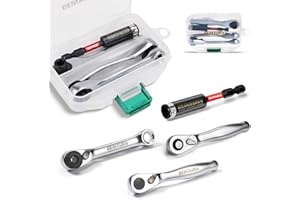 GEINXURN Mini Ratchet Wrench& Bit Holder Set 4 Pcs, 1/4" Drive Ratchet Handle Wrench, 72-T Quick-Release Reversible Socket Wrench, Impact Extension Bit Holder with Case