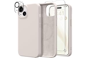 GONEZ for iPhone 13 Case Silicone, Compatible with Magsafe, [2X Screen Protector + 2X Camera Lens Protector], Soft Rubber Slim Shockproof Protective Microfiber Lining Phone Case 6.1", Stone