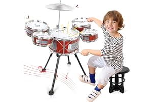 TWFRIC Toddler Drum Set Musical Toy Upgrade Drum Set for Kids Rock Jazz Drum Kit with Stool, 2 Drum Sticks and 5 Small Drums Toys for 3 4 5 Year Old Boys Girls Gifts Ages 3-5