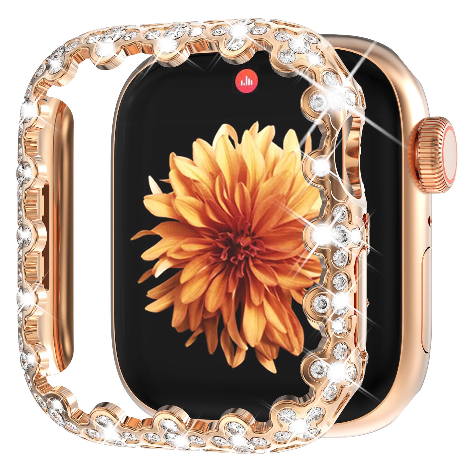 WINGLE Bling Case for Apple Watch 41mm Screen Protector Case Series 9 8 7, Lace Edge 4 Leaf Clover Diamond Face Cover Full Glitter Rhinestone Protective Bumper for iWatch Women, 41mm Rose Gold