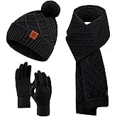 YARIEW Winter Hat Scarf and Gloves Set for Women, Warm Knitted Beanie with Pom Pom, Soft Ear Warmer Scarf, Warm Gloves