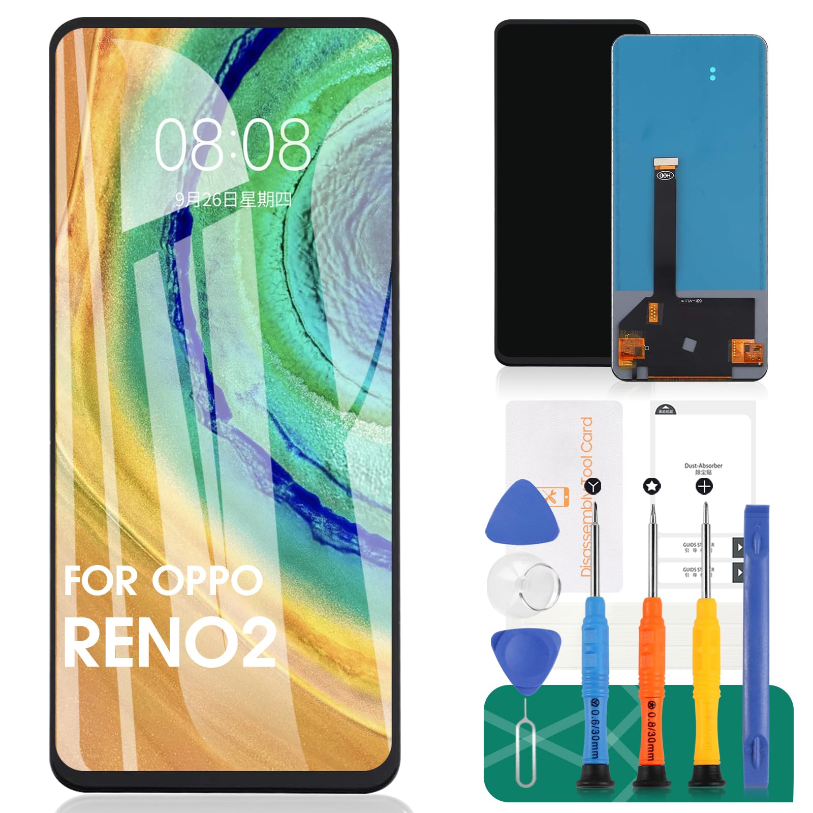 TFT For OPPO Reno2 LCD Display For OPPO Reno 2 Screen Replacement PCKM70, PCKT00, PCKM00, CPH1907 Touch Digitizer No Frame (Black,No Fingerprint,Smaller Display Area)
